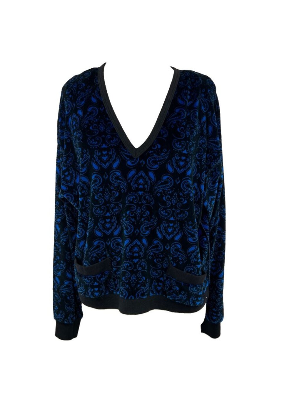 Vtg 90s Sonia Rykiel Sz XL Black and Blue Paisley Velour V-Neck Cropped Top NOS